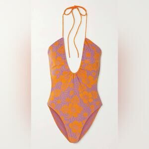 NWT New Leslie Amon Olivia Stretch-Jacquard One Piece in Purple Hibiscus Size XL